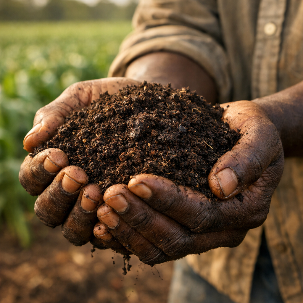 Fertile African soil held in farmer's hands symbolizing the untapped potential of Africa arable land investment